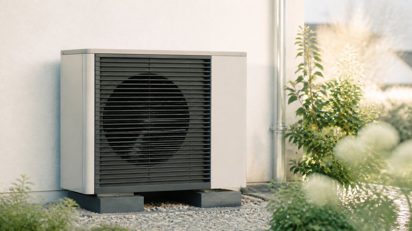 Une pompe à chaleur air-eau installée contre la façade d'une maison romande.